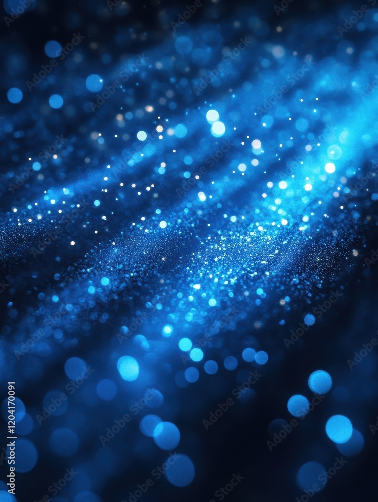 Poster bright blue bokeh lights create an abstract background with flying particles and vivid illumination 