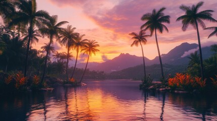 Vibrant sunset over tranquil tropical lagoon with palm trees.