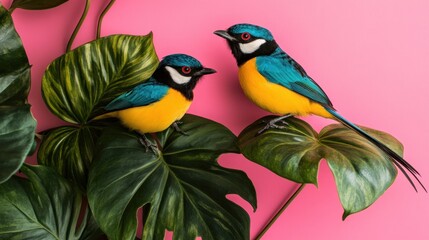 Two vibrant birds perched on lush tropical leaves against a pink background.