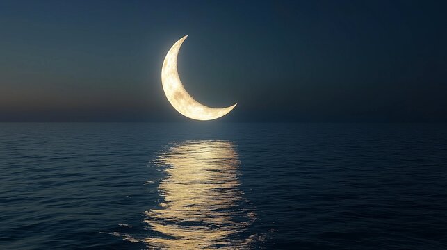A glowing crescent moon floating above a calm, still ocean at night, with soft ripples creating reflections of the moonlight in the water - Powered by Adobe