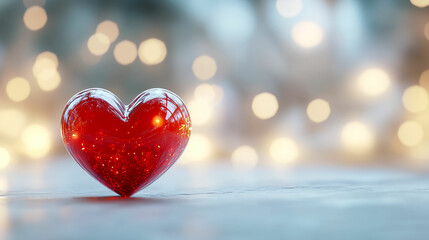 Fototapeta premium Bright red glass heart on a textured surface with blurred lights in the background during nighttime