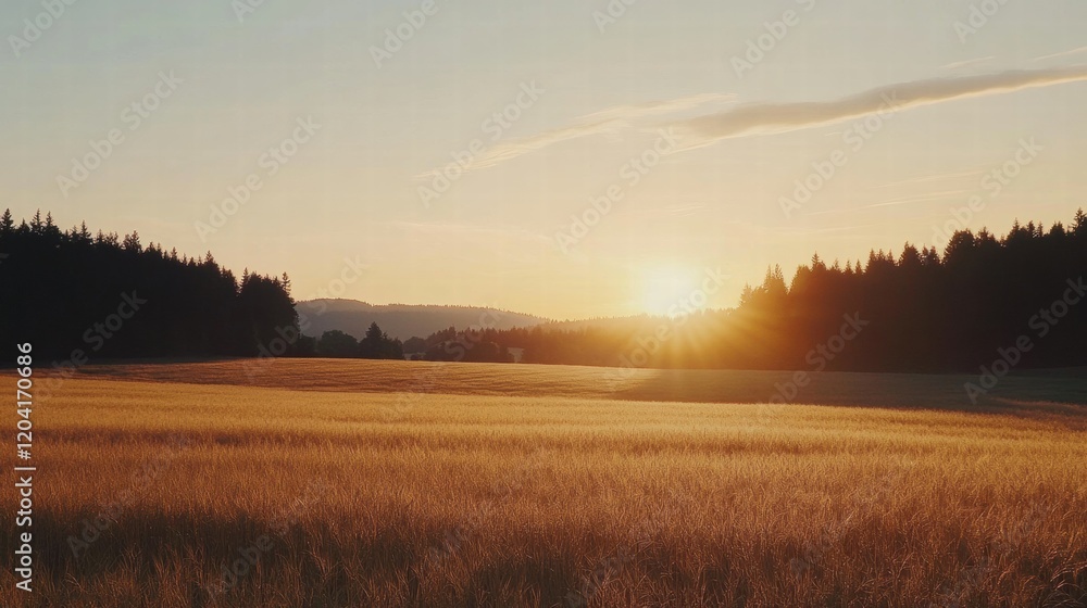Poster Golden sunset illuminates a serene wheat field with forest backdrop in rural landscape during evening hours. Generative AI