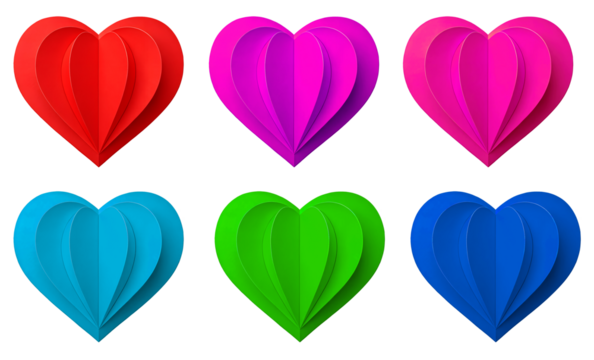 Multicolor paper-made heart collection isolated on a transparent background.