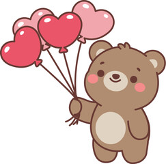 Cute bear holding heart shap balloons cartoon, vector illustration