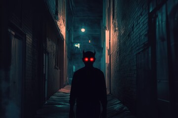 Silhouetted Figure with Red Eyes Walks a Dark Alleyway
