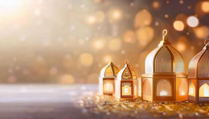 Obraz premium Beautifully Illuminated Mosque with Golden Domes and Minarets Under a Starry Night Sky with Hanging Lights
