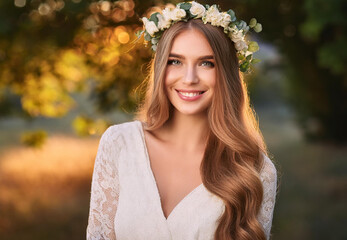 Young woman, close-up, bokeh effect, face shot, charming portrait, white dress, long hair, shy smile