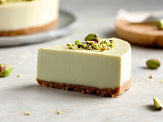 Creamy Pistachio Cheesecake Slice on Rustic Table with Crumbled Nut Topping