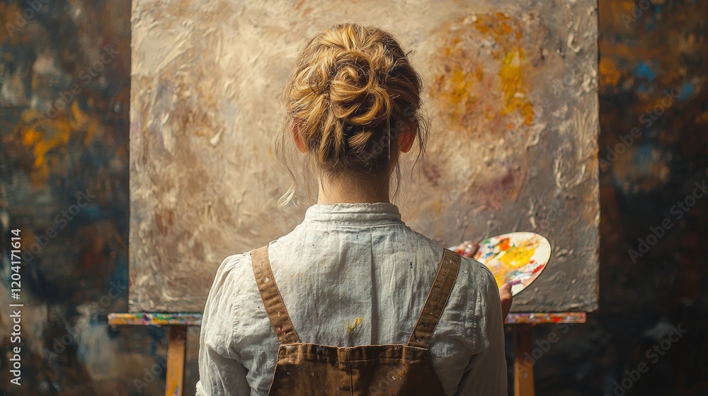 Poster a dedicated painter in overalls stands before a blank canvas, immersed in the process of creation. t
