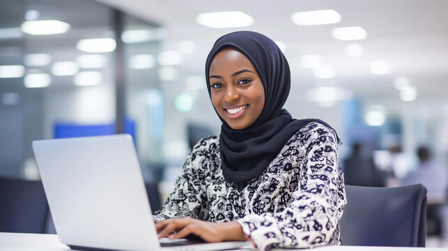 Focused young woman wearing a headscarf, smiling as she types on her laptop in a sleek, bright office setting. A perfect balance of professionalism and vibrant energy in a contempo