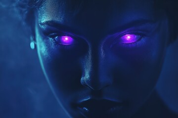 Obraz premium Glowing Eyes Woman Dark Blue Background Portrait