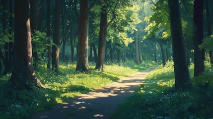 Obraz premium Sunlit forest path through tall trees