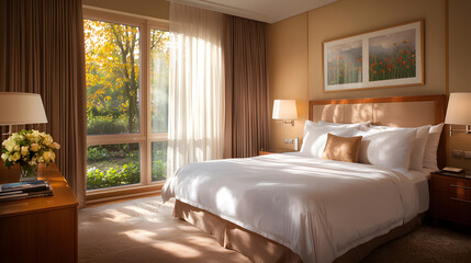 Relaxing bedroom retreat with scenic view modern hotel interior serene environment daylight lighting