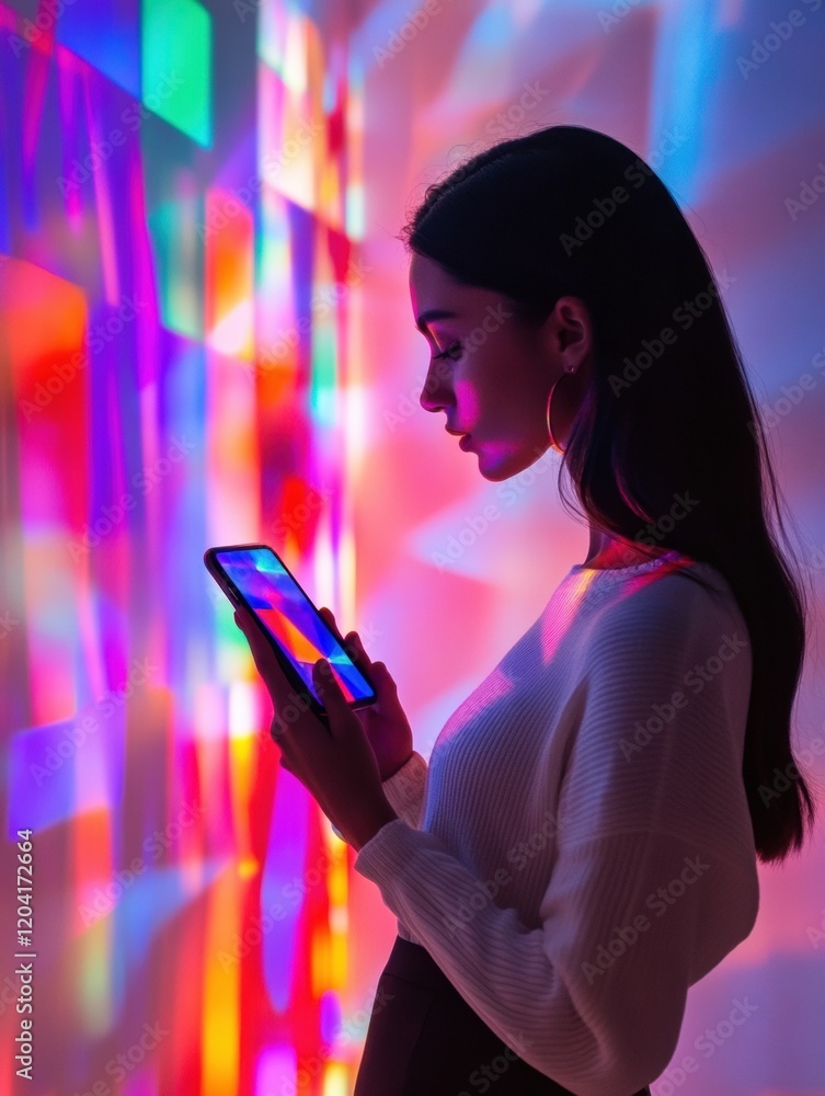 Poster young woman using smartphone in colorful light display during evening hours in urban setting. genera