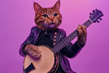 Cat playing banjo in leather jacket