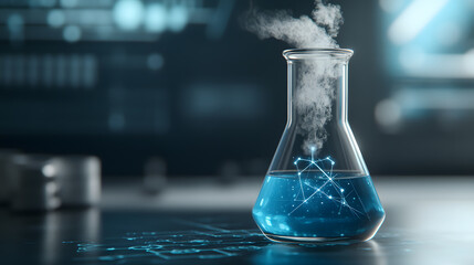 Scientific experiment with blue liquid in laboratory modern research facility digital art science close-up view innovation