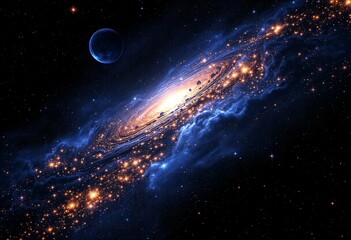 Obraz premium Spiral galaxy with bright stars and blue planet in deep space. Majestic cosmic scene with glowing nebula. Universe exploration. Scientific astronomical view with copy space