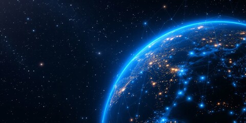Obraz premium Night lights on planet Earth from space view. Blue glowing world against dark starry universe background. Global network visualization. Digital technology concept