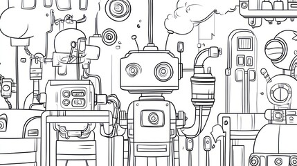Fototapeta premium Robotic factory illustration with various mechanical parts and interconnected designs in black and white