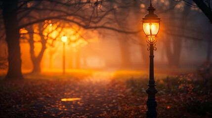 Obraz premium Golden Light of Dawn in a Misty Park