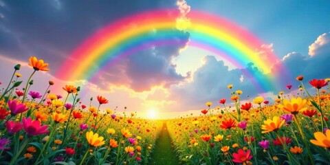 Fototapeta premium Vibrant wildflowers bloom in a sunlit field, a majestic rainbow arching overhead, creating a breathtakingly beautiful and serene landscape.