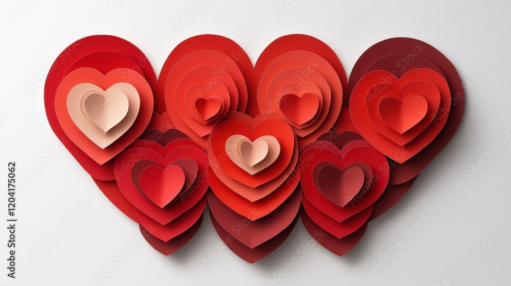 Poster concentric heart cutouts in red gradient for creative design projects
