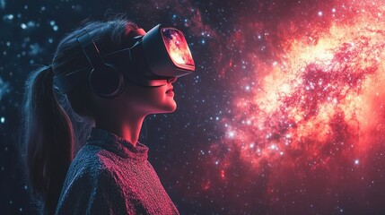 Young woman immersed in a virtual reality experience, exploring a vibrant nebula.