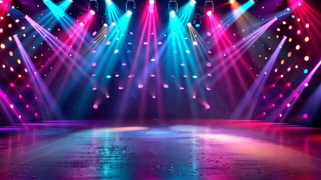Colorful stage lights illuminate a vibrant performance area ready for action