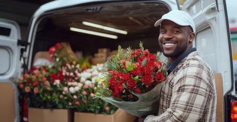 Smiling florist delivers fresh flowers from a delivery van