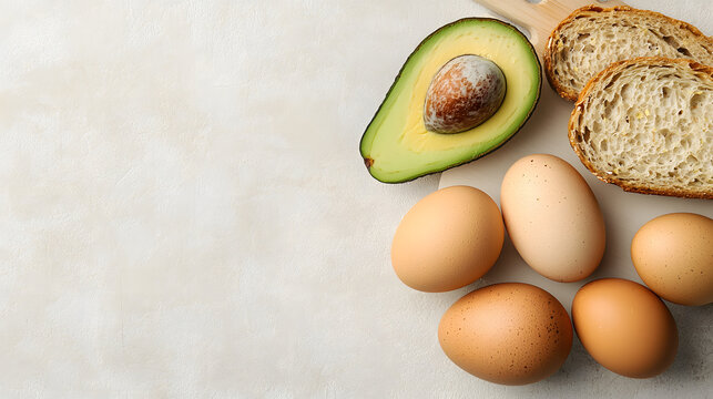 Healthy breakfast ingredients eggs avocado and bread kitchen food bright setting nutrition concept