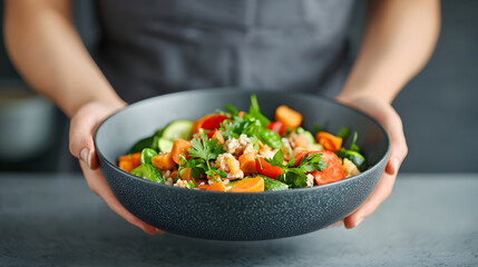 Fresh vegetable salad preparation kitchen food home environment close-up view healthy eating concept