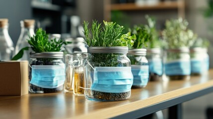 Brainstorming business meeting in the office with face masks because of coronavirus and Covid-19