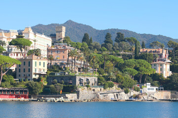 Fototapeta premium Santa Margherita, Italy - November 13, 2024. View of sea. Tourism and recreation. Ecologically clean nature. Traditional old buildings. Historical center.