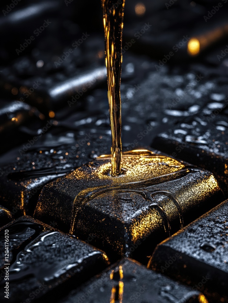 Poster gold pouring over dark metallic bars creating a striking visual contrast in a moment of craftsmanshi