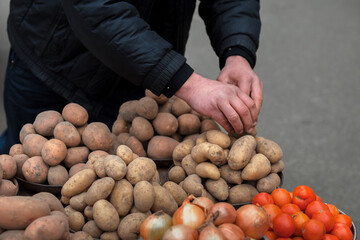 Homegrown potatoes on a sales counter at a grocery farmer's market.