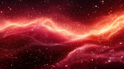 Obraz premium Abstract cosmic landscape with vibrant red and orange hues, featuring glowing particles and waves
