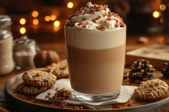 Creamy pumpkin spice latte with whipped cream in cozy autumn setting