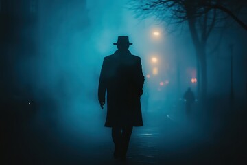 A mysterious detective solving a case in a foggy city.