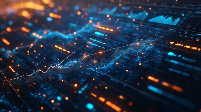 Dynamic financial graphs and data visualization in futuristic digital interface