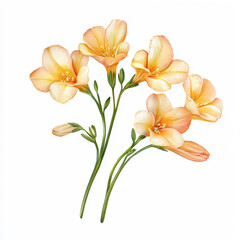 Freesia flowers in soft orange hues, beautifully arranged on white background