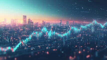 Futuristic cityscape with digital financial data and skyline at dusk