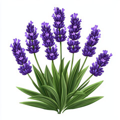 Fototapeta premium Lavender flowers with green leaves, vibrant purple color, isolated on white