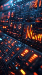 Obraz premium Futuristic digital data dashboard with neon orange interface and analytics visuals