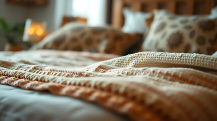 Cozy and Serene Bedroom Interior: Soft Knit Blanket, Warm and Relaxing Atmosphere