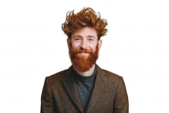 Smiling Man with Curly Hair and Red Beard Wearing Stylish Jacket