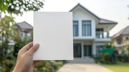 Blank Card in Front of House: A hand holds a blank white card, showcasing its potential for marketing or design projects, with a beautiful suburban house subtly blurred in the background.  