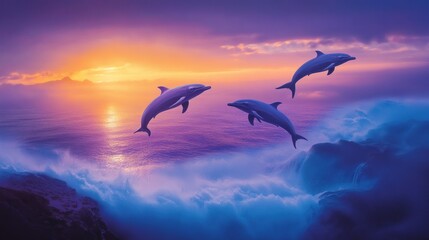 Naklejka premium Three dolphins leap joyfully over ocean waves at sunset.