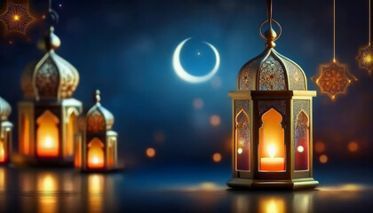 Obraz premium Beautifully Illuminated Mosque with Golden Domes and Minarets Under a Starry Night Sky with Hanging Lights