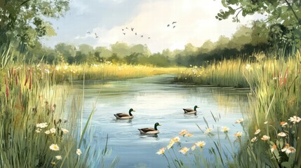 Tranquil lake surrounded by wildflowers and lush greenery with ducks swimming in the water during a sunny day. Generative AI