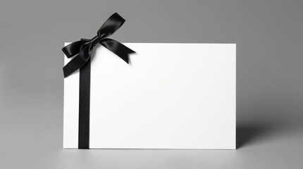 Blank card with black ribbon and bow.  Perfect for sympathy, thank you, or invitation designs. Minimalist and elegant.